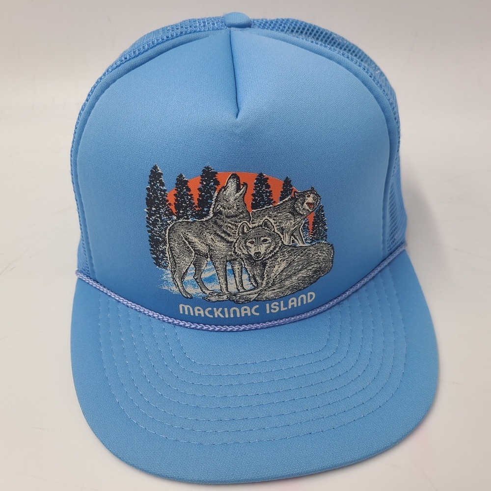 Vintage Mackinac Island Trucker Hat Snapback Mesh Wolves Michigan Trees Blue 80s